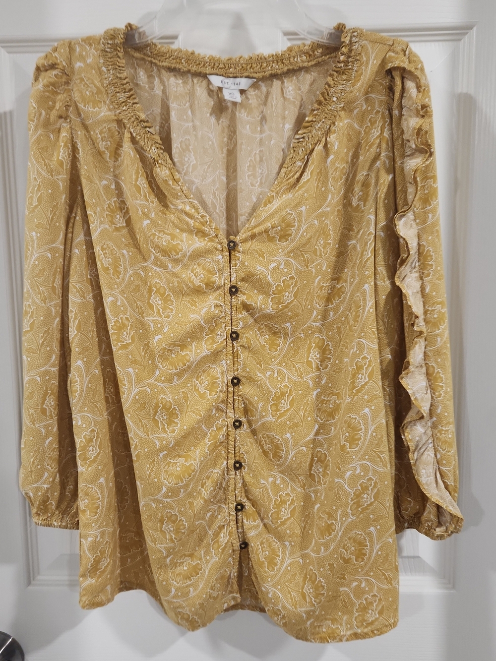 Cato Womens XS Blouse Yellow Mustard Paisley Floral Boho Ruffle Button Front EUC
